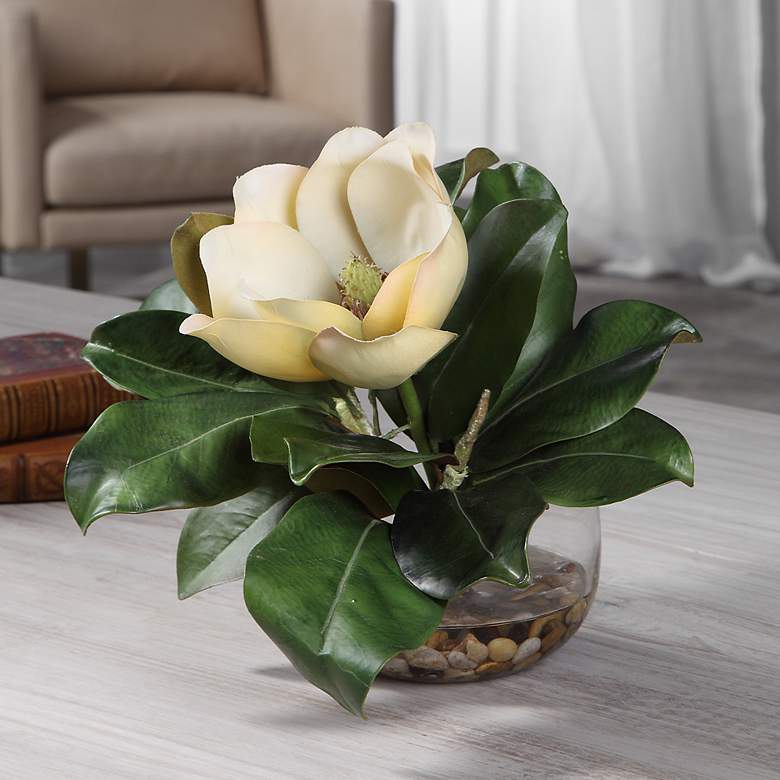 Image 1 Celia White and Green Silk Magnolia 13 inchW Faux Flower in Vase