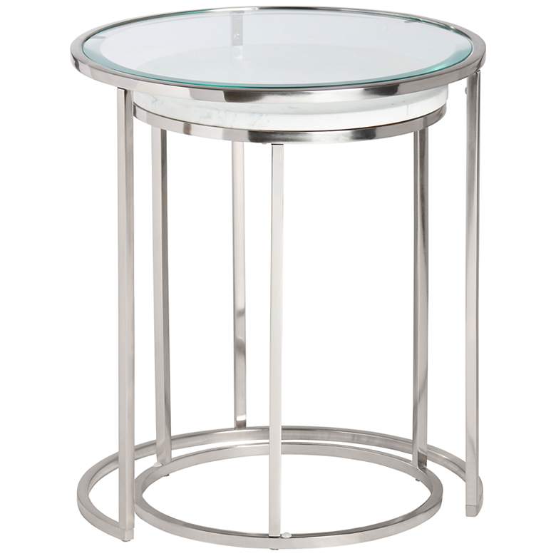 Image 2 Cellini Silver w/ Glass and Marble Nesting Tables Set of 2 more views