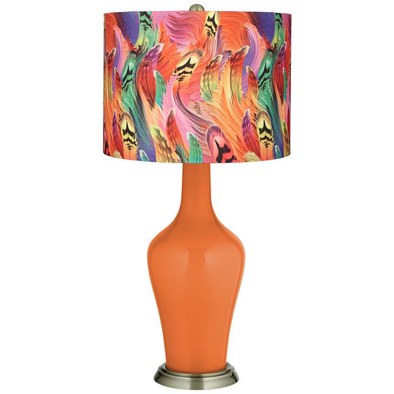 Image 1 Celosia Orange Multi-Color Feather Print Shade Anya Lamp