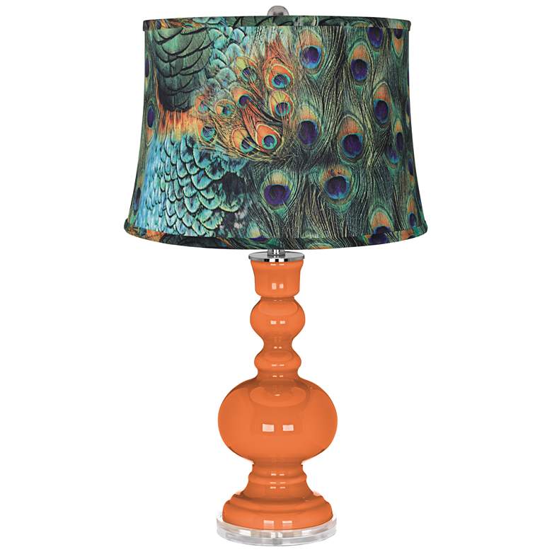 Image 1 Celosia Orange Peacock Print Shade Apothecary Table Lamp