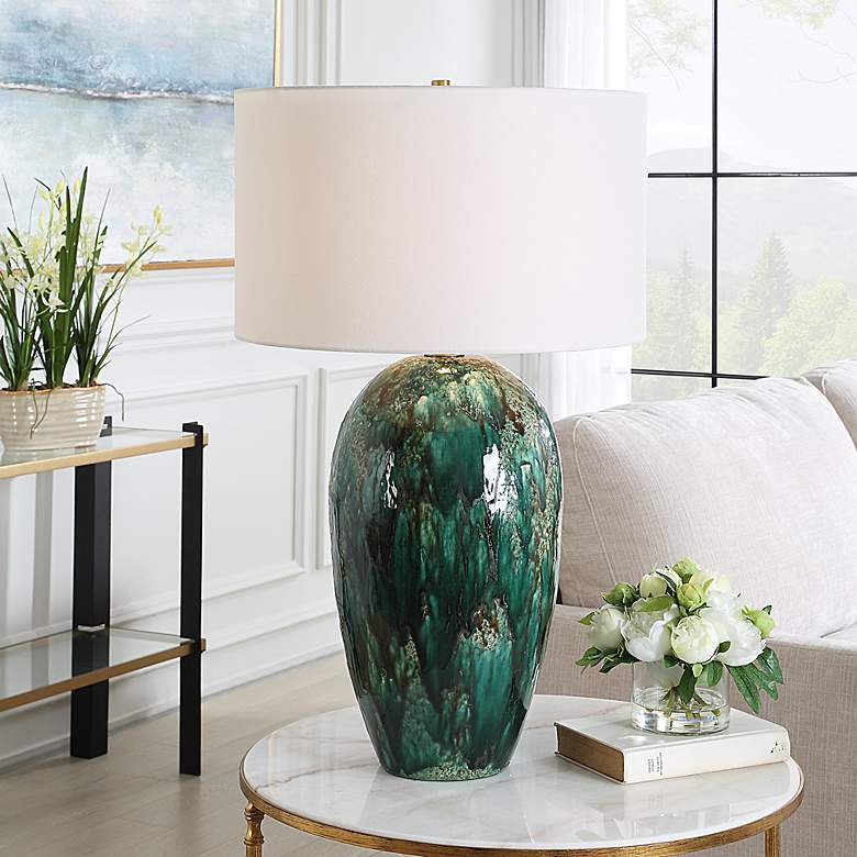 Image 1 Ceralene Deep Emerald Green Drip Glaze Ceramic Table Lamp