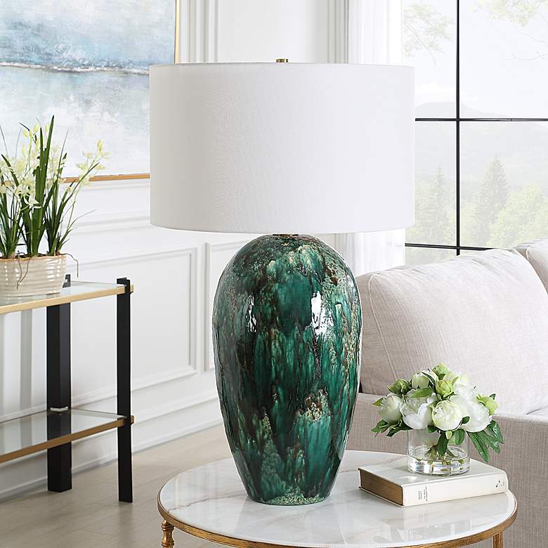 Image 3 Ceralene Deep Emerald Green Drip Glaze Ceramic Table Lamp more views