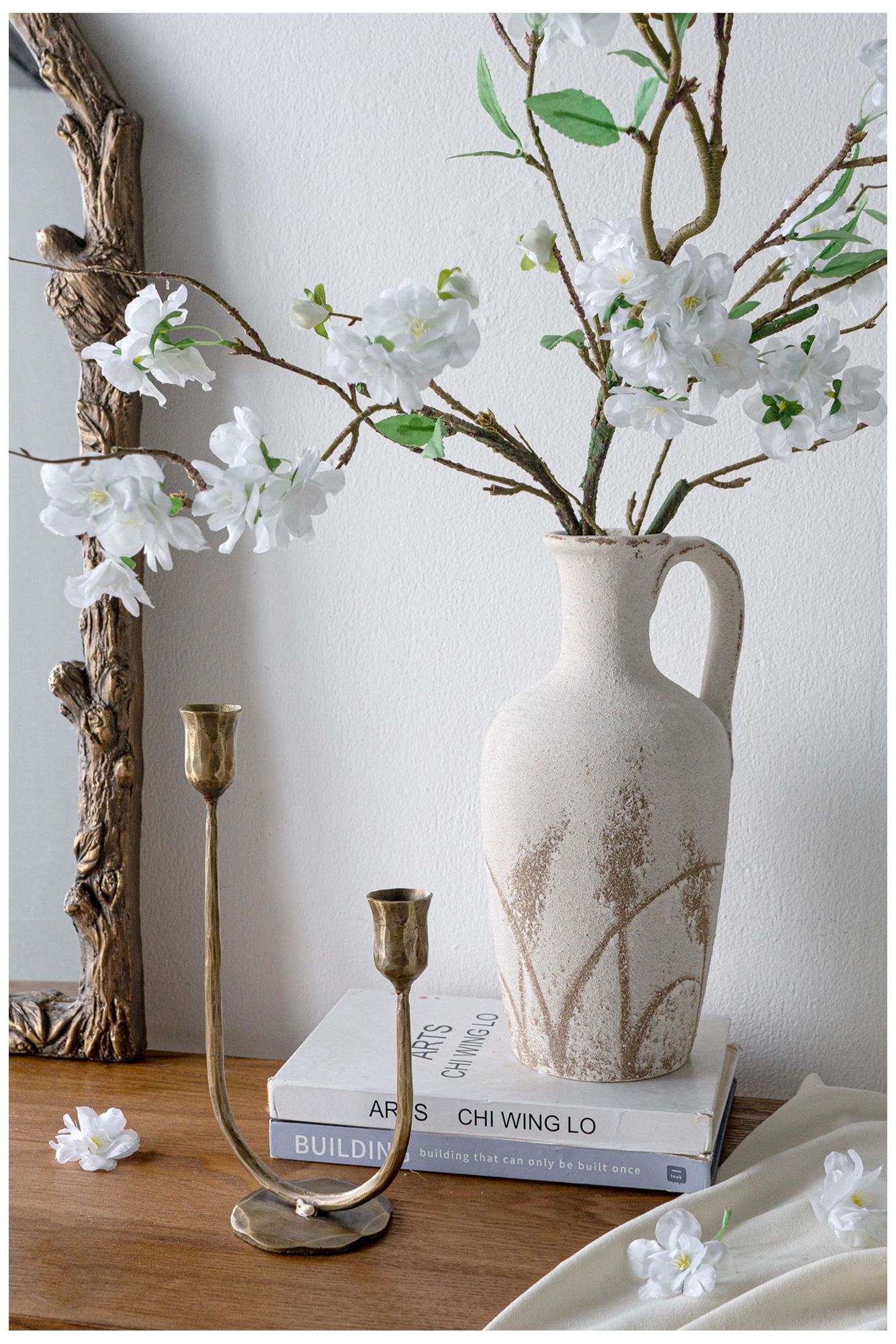 Ceramic Pitcher Vase w/ Aged White Finish & Brown Grass Patterns