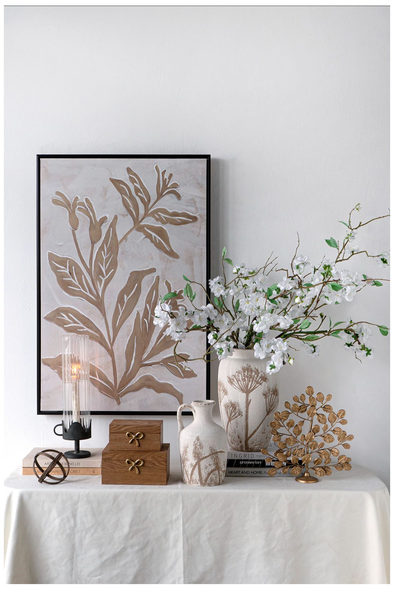 Ceramic Pitcher Vase w/ Aged White Finish & Brown Grass Patterns