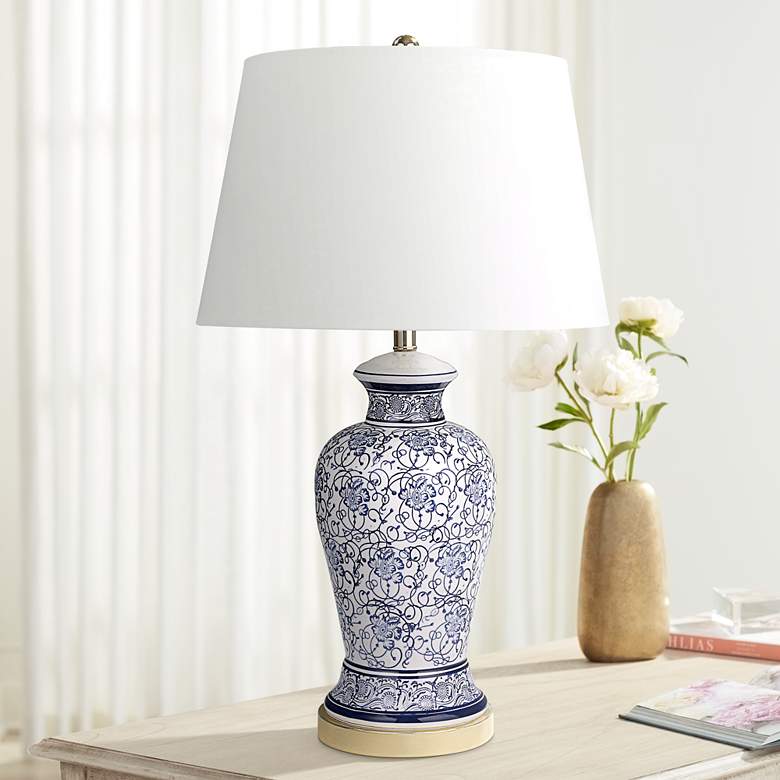Image 1 Cerulean Blue and White Ceramic Floral Print Jar Table Lamp