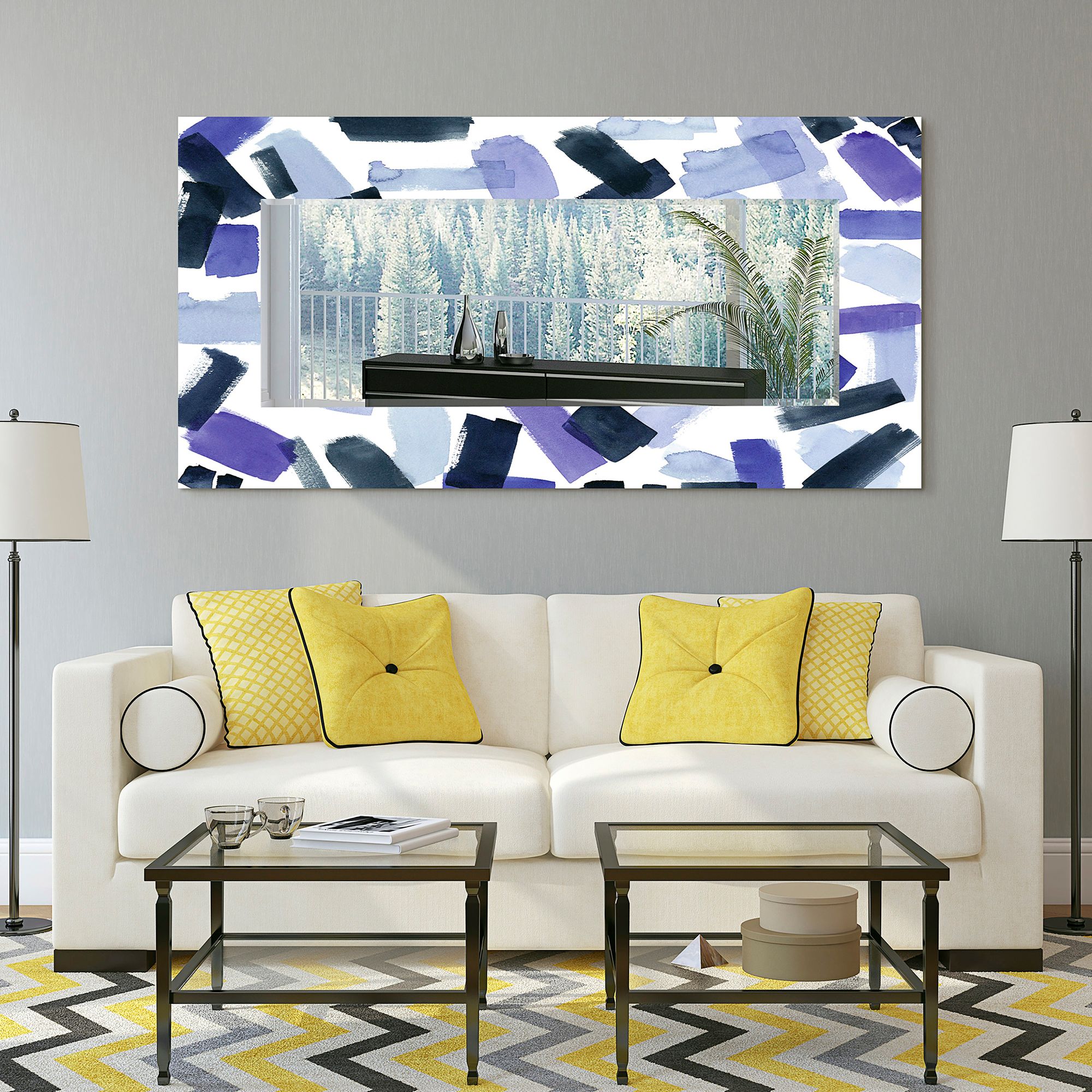 Cerulean Strokes Art Glass 36" x 72" Rectangular Wall Mirror in scene