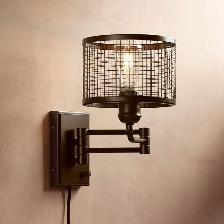 Image 1 Chad Industrial Cage Plug-In Swing Arm LED Wall Lamp