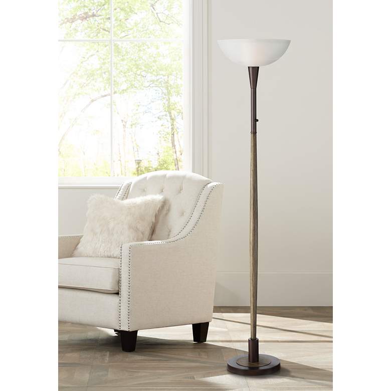 Image 1 Chadwick Bronze and Faux Wood Rustic Torchiere Floor Lamp