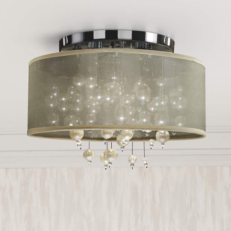Image 1 Champagne 15"W Chrome 3-Light Faux Pearl Ceiling Light