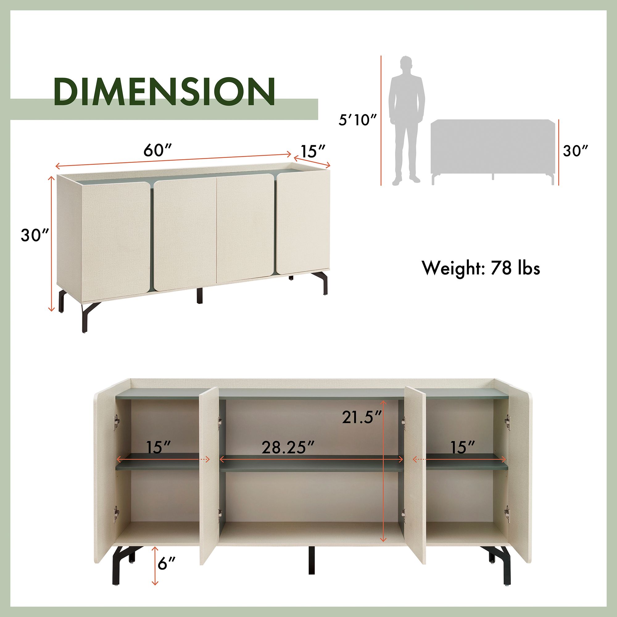 Chandra 60" Wide Cream Weave Wood 4-Door Buffet