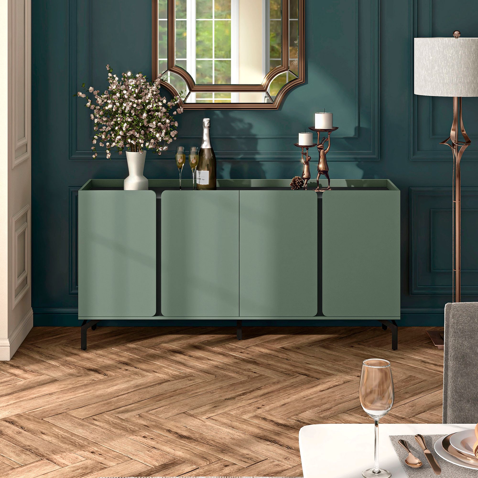 Chandra 60" Wide Sage Green Wood 4-Door Buffet