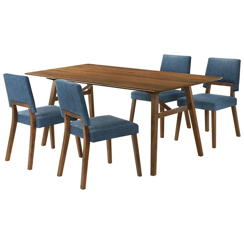 Image 1 Channell 5 Piece Dining Table Set in Walnut Wood with Blue Fabric
