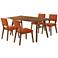 Channell 5 Piece Dining Table Set in Walnut Wood with Orange Fabric