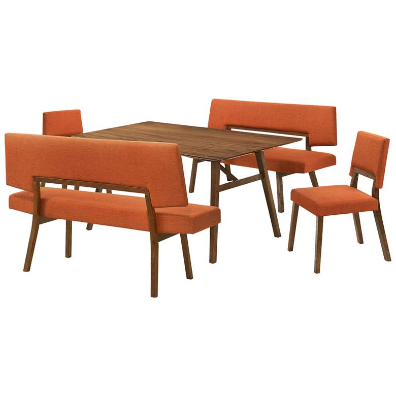 Image 1 Channell 5 Piece Dining Table Set with Benches in Walnut and Orange Fabric