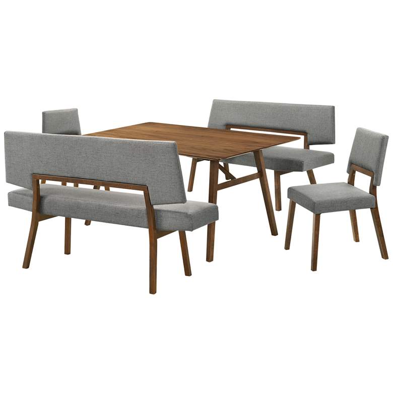 Image 1 Channell 5 Piece Dining Table Set with Benches in Walnut, Charcoal Fabric