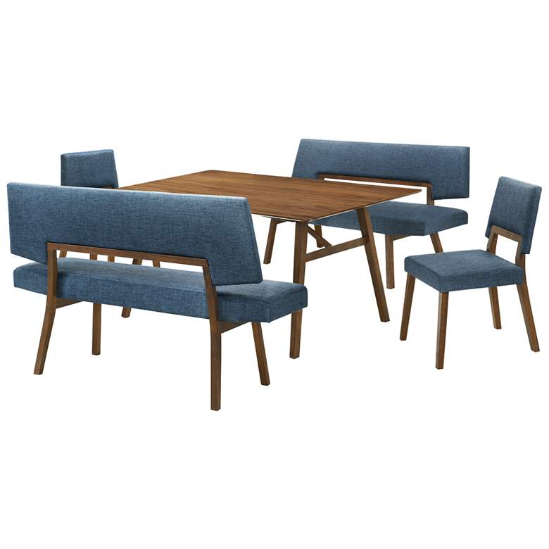 Image 1 Channell 5 Piece Dining Table Set with Benches in Walnut Wood, Blue Fabric