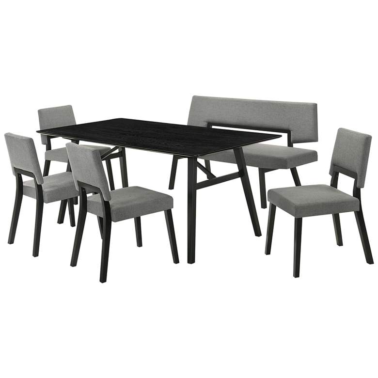 Image 1 Channell 6 Piece Dining Table Set with Bench in Black Wood, Charcoal Fabric
