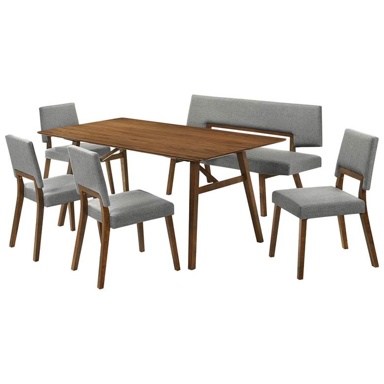 Image 1 Channell 6 Piece Dining Table Set with Bench in Walnut and Charcoal Fabric