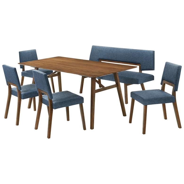 Image 1 Channell 6 Piece Dining Table Set with Bench in Walnut Wood, Blue Fabric