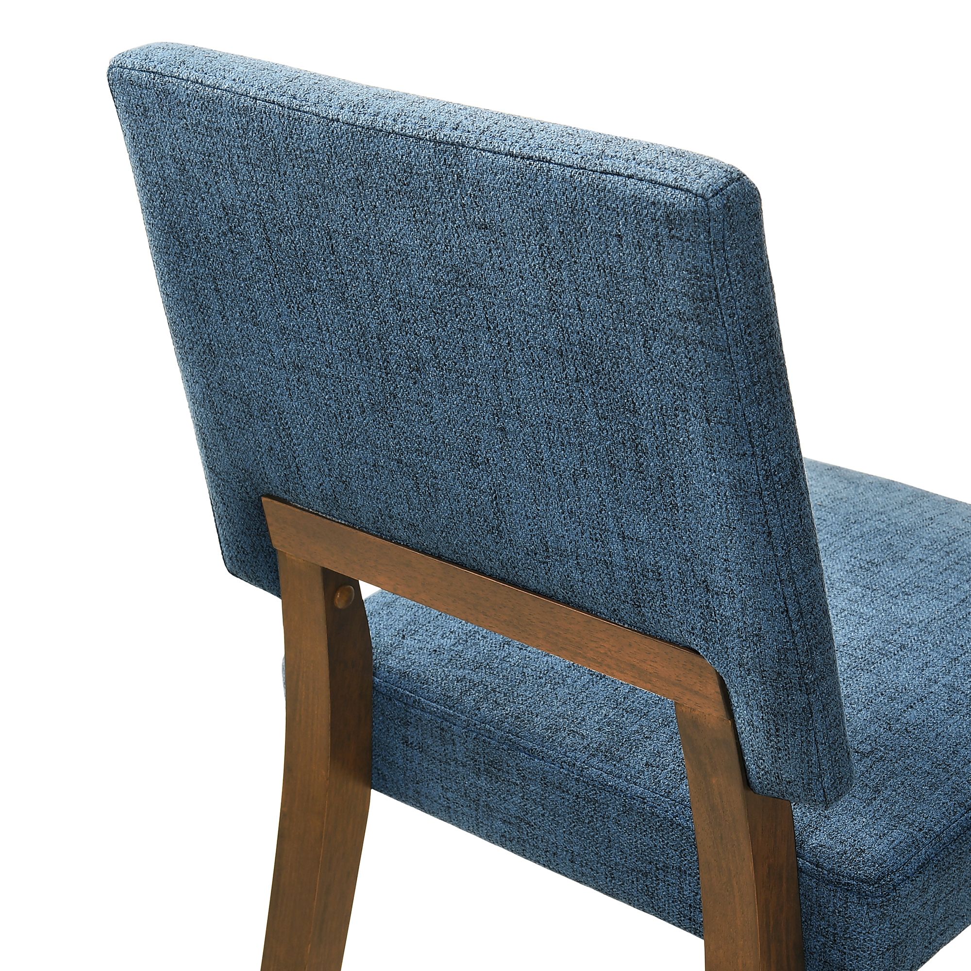 Channell 6 Piece Dining Table Set with Bench in Walnut Wood, Blue Fabric