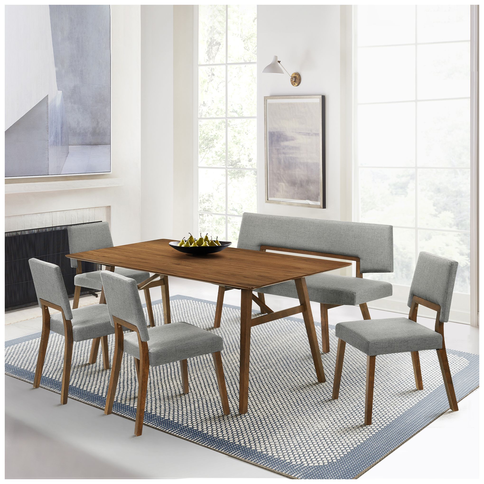 Channell 63 in. Dining Bench in Wood and Walnut Finish with Charcoal Fabric