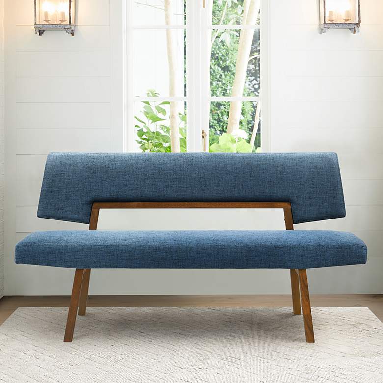 Image 1 Channell 63" Wide Blue Fabric Walnut Wood Dining Bench