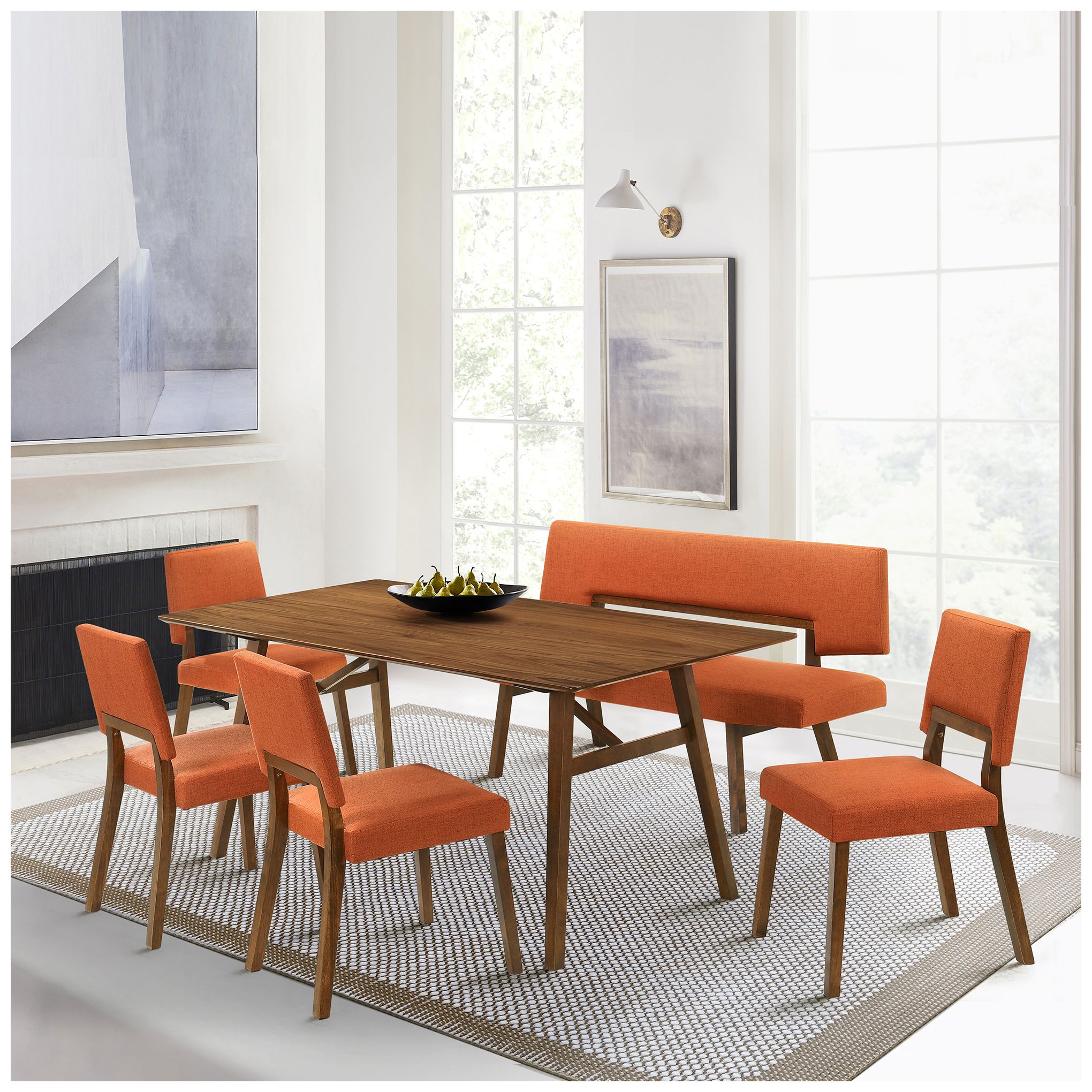 Channell 63" Wide Orange Fabric Walnut Wood Dining Bench