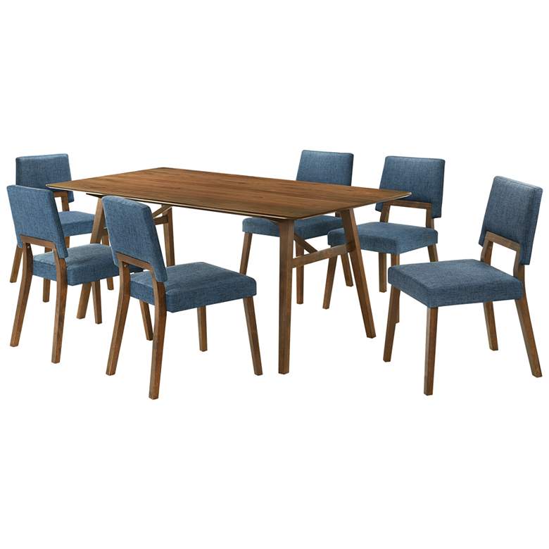 Image 1 Channell 7 Piece Dining Table Set in Walnut Wood with Blue Fabric
