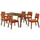 Channell 7 Piece Dining Table Set in Walnut Wood with Orange Fabric