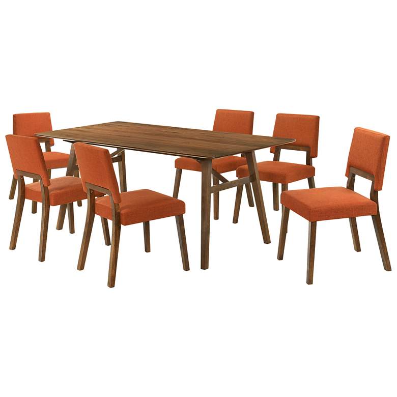 Image 1 Channell 7 Piece Dining Table Set in Walnut Wood with Orange Fabric