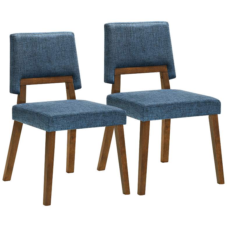 Image 3 Channell Set of 2 Dining Chairs in Wood and Walnut Finish with Blue Fabric