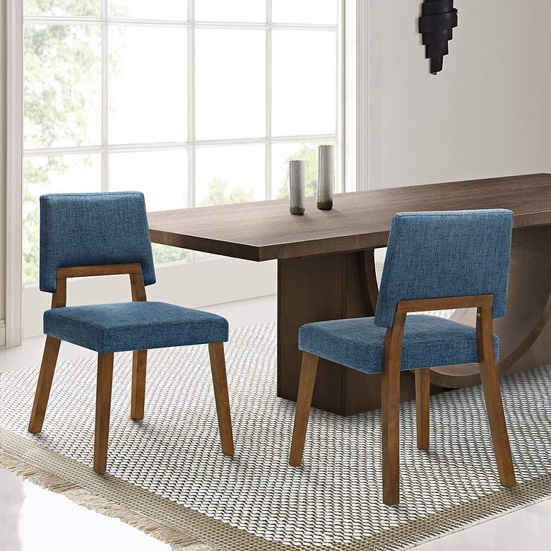 Image 2 Channell Set of 2 Dining Chairs in Wood and Walnut Finish with Blue Fabric