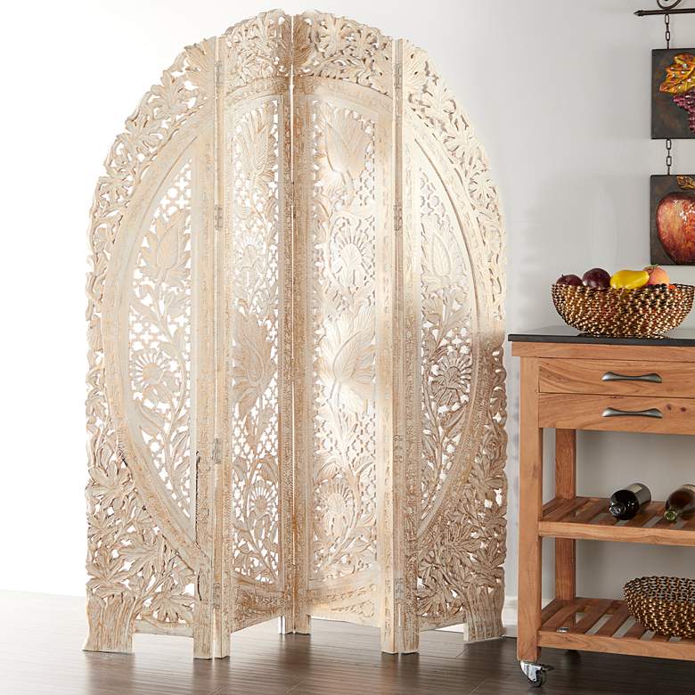 Image 1 Chantilly White-Washed Gold 72"H 4-Panel Room Divider Screen