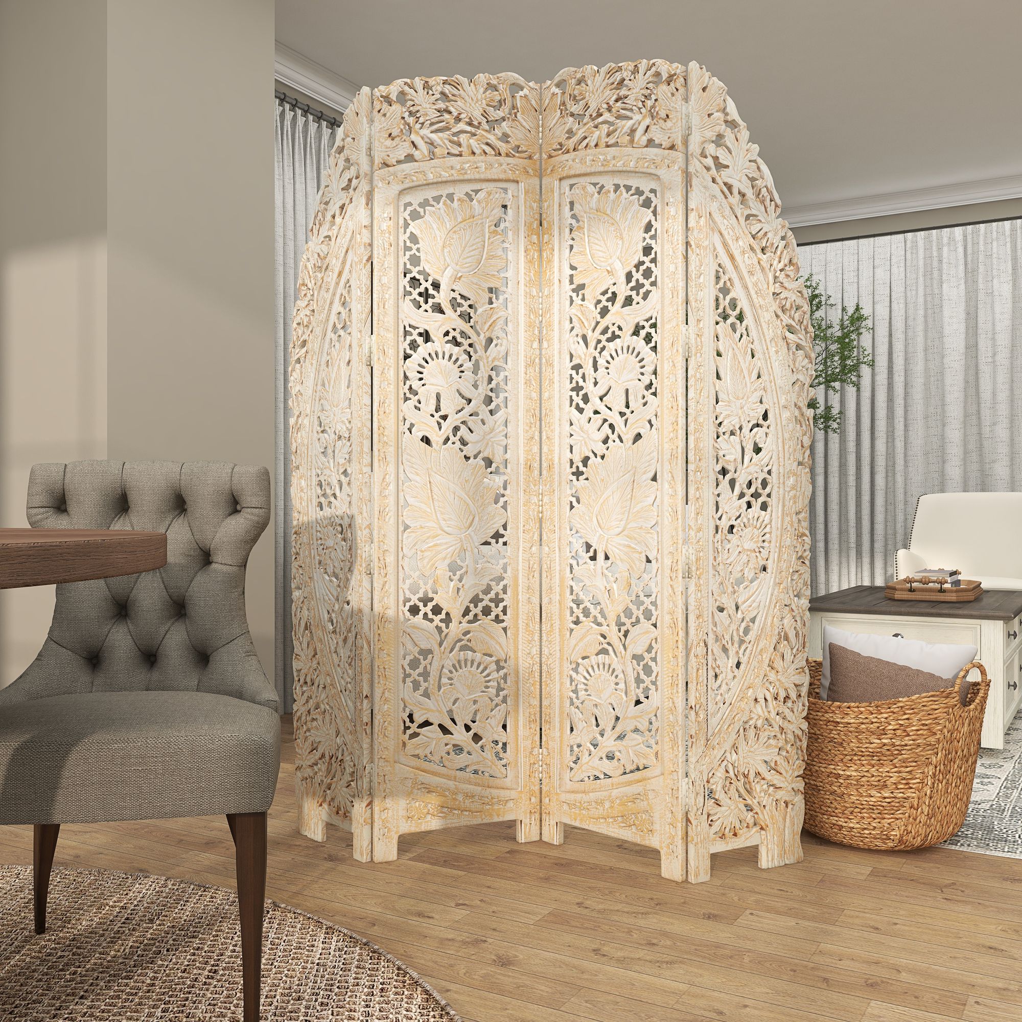 Image 7 Chantilly White-Washed Gold 72"H 4-Panel Room Divider Screen more views