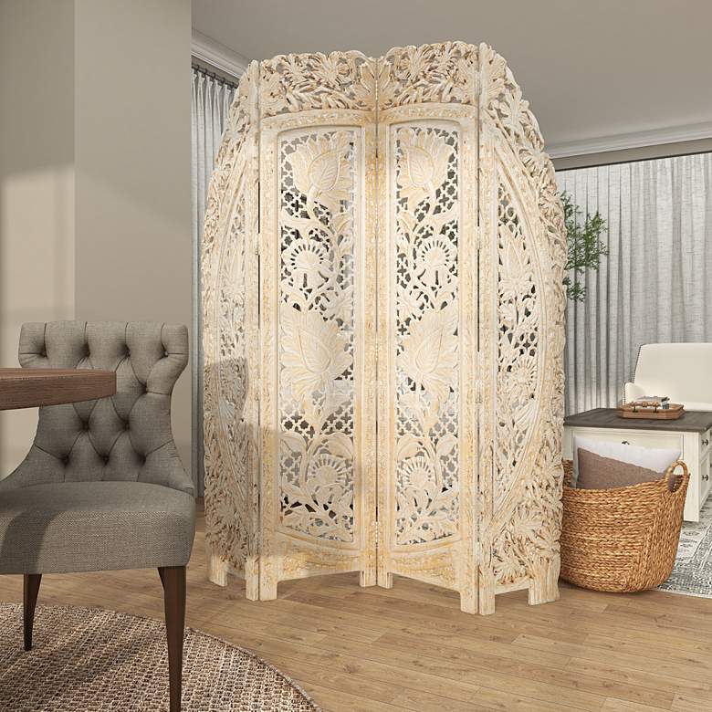 Image 7 Chantilly White-Washed Gold 72 inchH 4-Panel Room Divider Screen more views