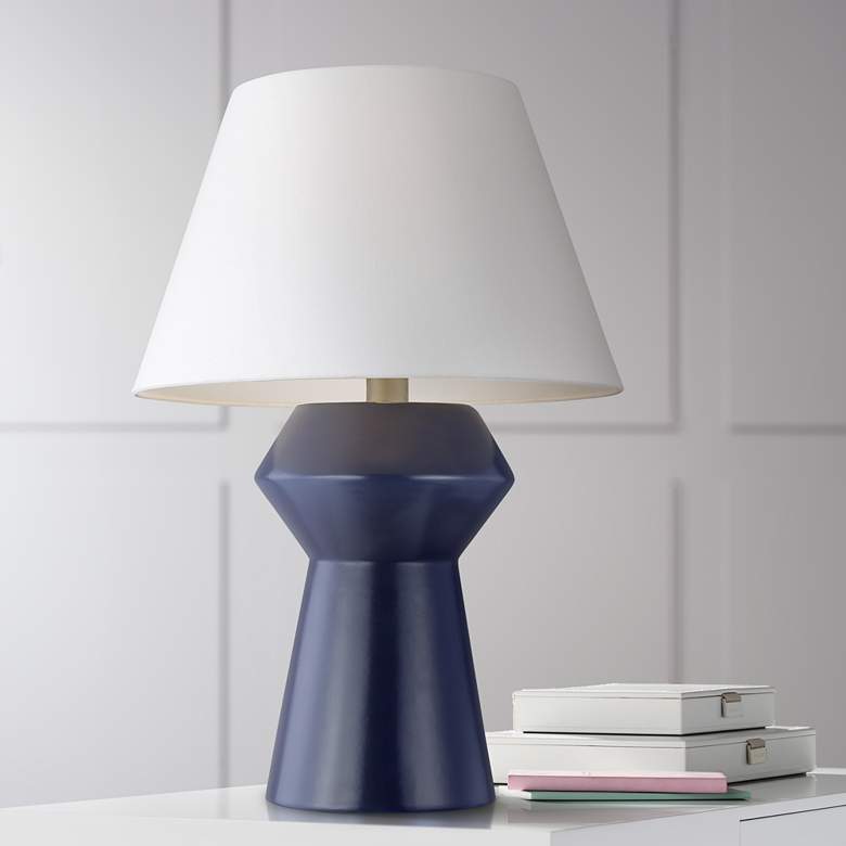 Image 1 Chapman &amp; Myers Indigo Modern Top Angular Ceramic LED Table Lamp