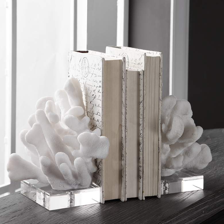 Image 1 Charbel 9" High White Coral and Crystal Bookends Set