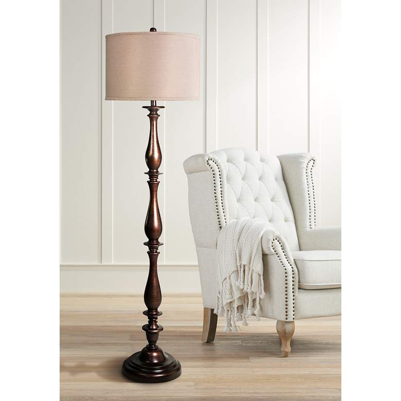 Image 1 Charlton 61" Bronze Floor Lamp with Taupe Hardback Silk Shade