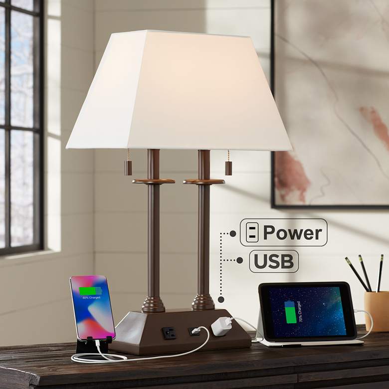 Charlton Bronze Workstation Desk Lamp with Outlets and USB