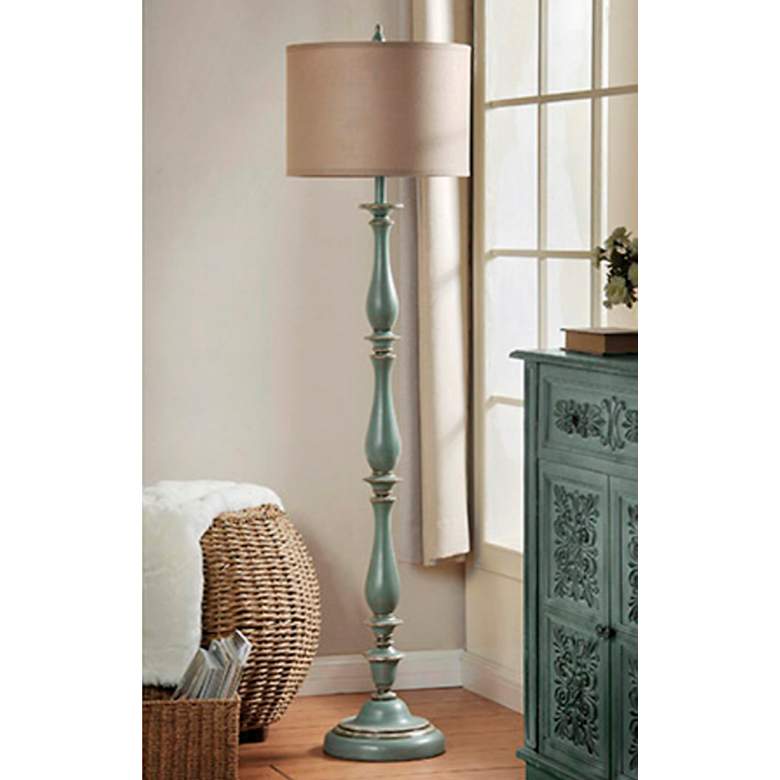 Image 7 Charlton Floor Lamp - Distressed Blue Finish - Taupe Hardback Silk Shade more views