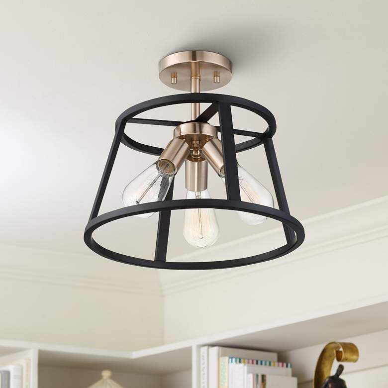 Image 1 Chassis 14" Wide Brass and Matte Black 3-Light Ceiling Light
