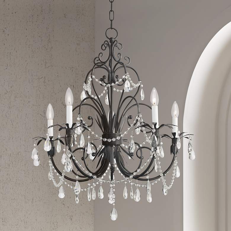 Image 1 Chateau Vieux 26"W Gloss Black Crystal 5-Light Chandelier