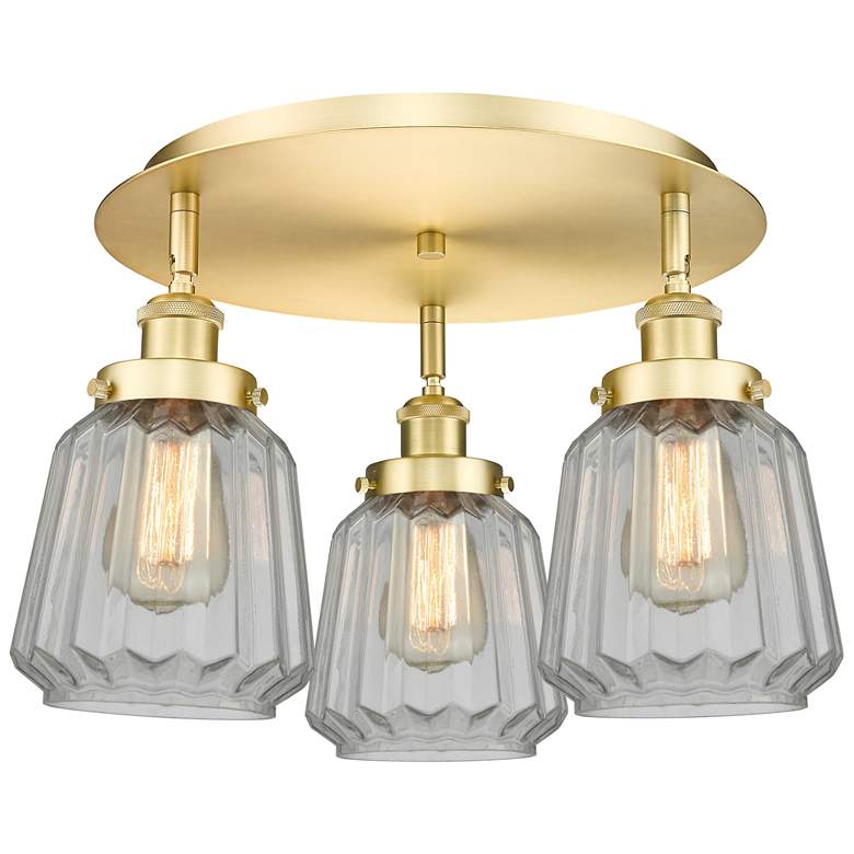 Image 1 Chatham 18.25" Wide 3 Light Satin Gold Flush Mount With Clear Glass Sh