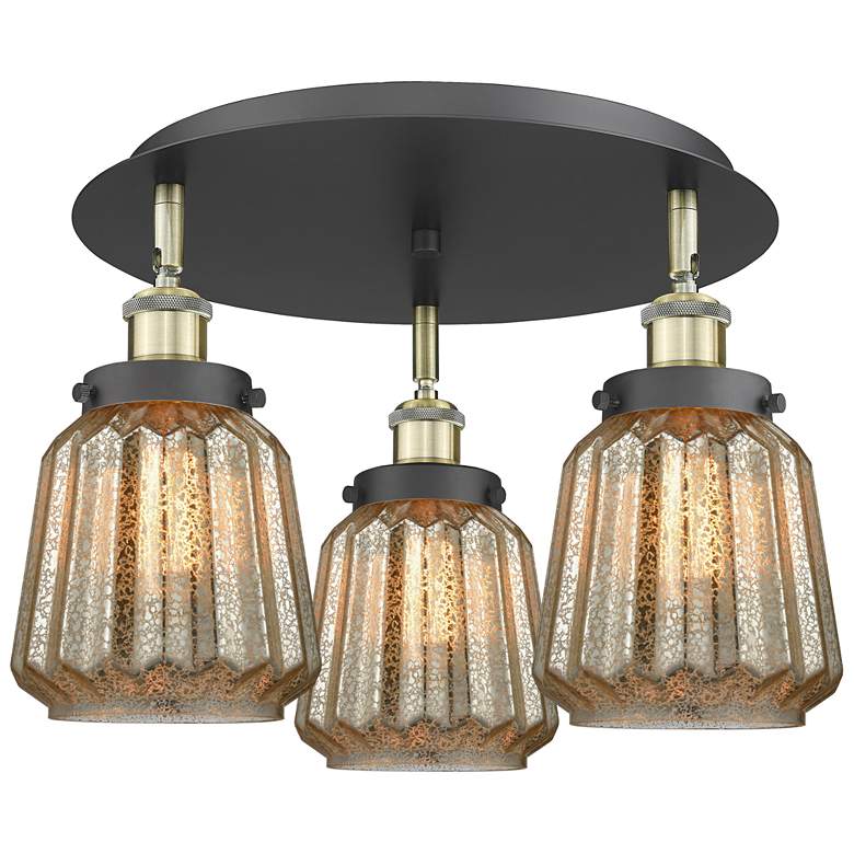 Image 1 Chatham 18.25"W 3 Light Black Brass Flush Mount w/ Mercury Glass Shade