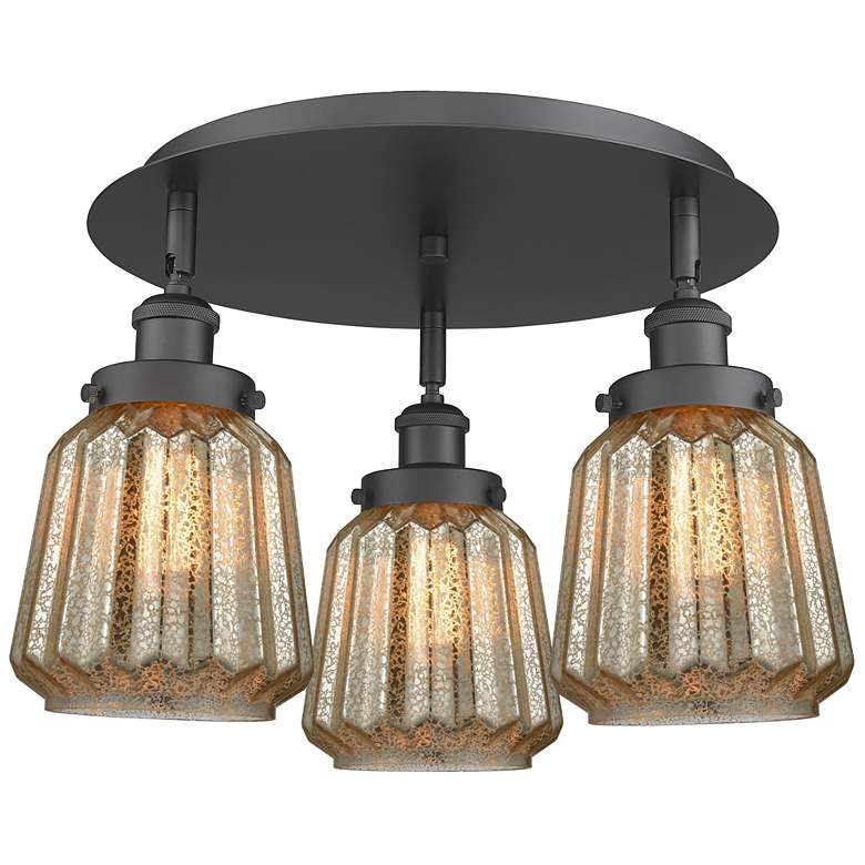 Image 1 Chatham 18.25"W 3 Light Matte Black Flush Mount With Mercury Glass Sha