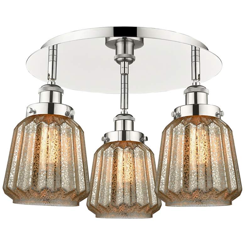 Image 1 Chatham 18.25 inchW 3 Light Polished Nickel Flush Mount w/ Mercury Glass S