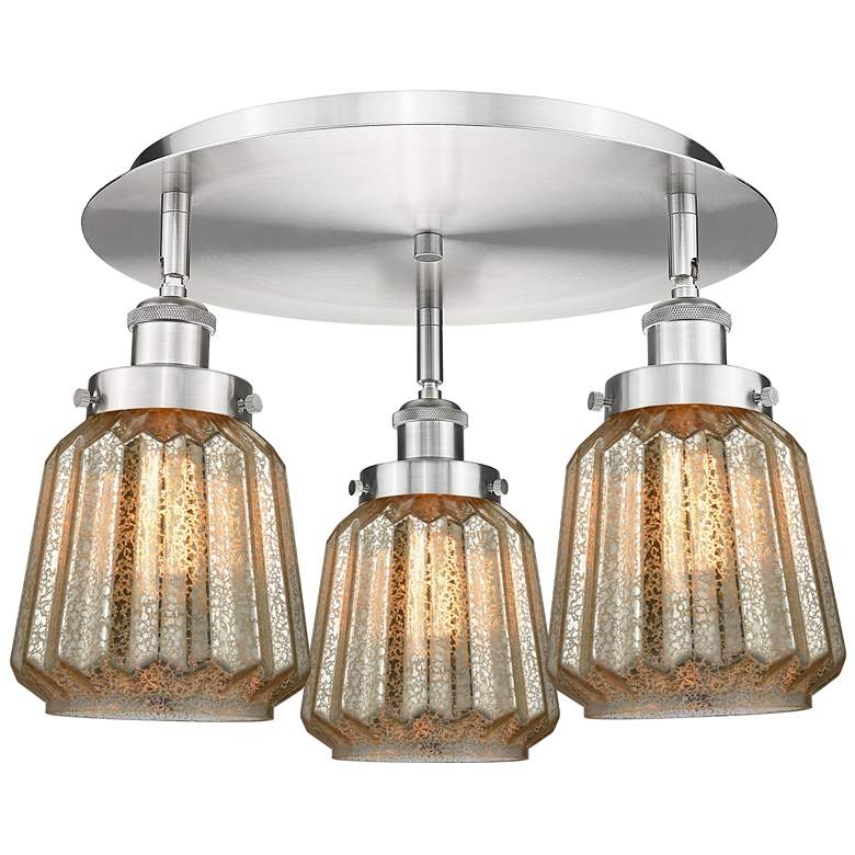 Image 1 Chatham 18.25"W 3 Light Satin Nickel Flush Mount With Mercury Glass Sh