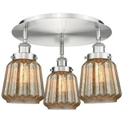 Chatham 18.25"W 3 Light Satin Nickel Flush Mount With Mercury Glass Sh
