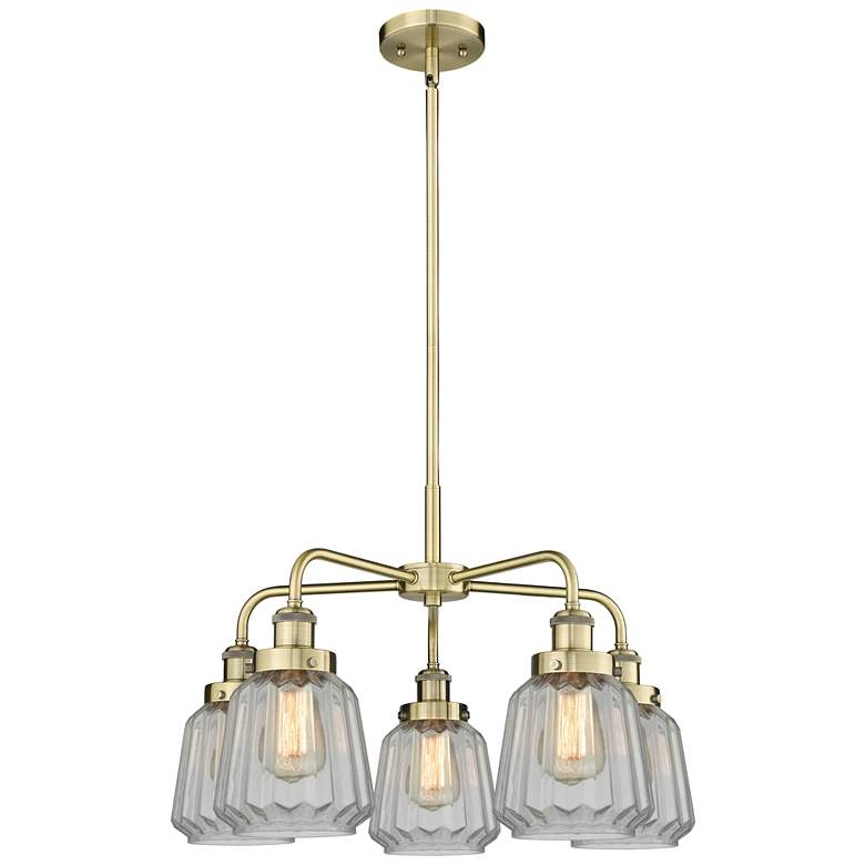 Image 1 Chatham 24.5"W 5 Light Antique Brass Stem Hung Chandelier w/ Clear Sha