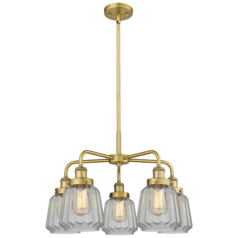 Image 1 Chatham 24.5"W 5 Light Brushed Brass Stem Hung Chandelier w/ Clear Sha